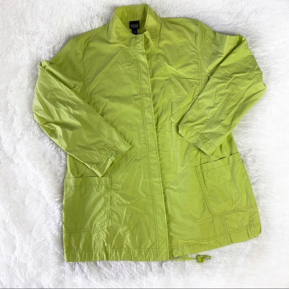 EILEEN FISHER cotton Button-Down Neon Green Rain Jacket L spring lightweight